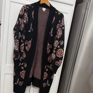 A New Day Floral Patterned Black and Pink Women's Long Cardigan Sweater Size L